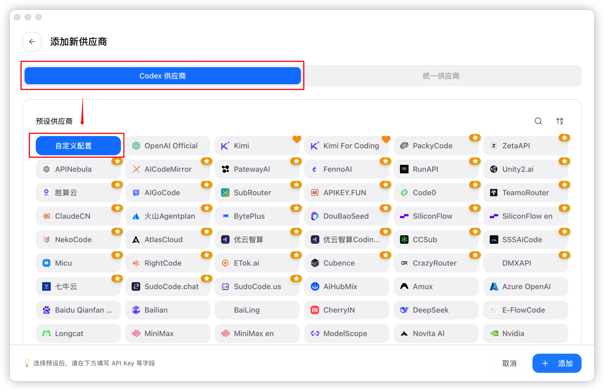 选择 Codex 自定义配置